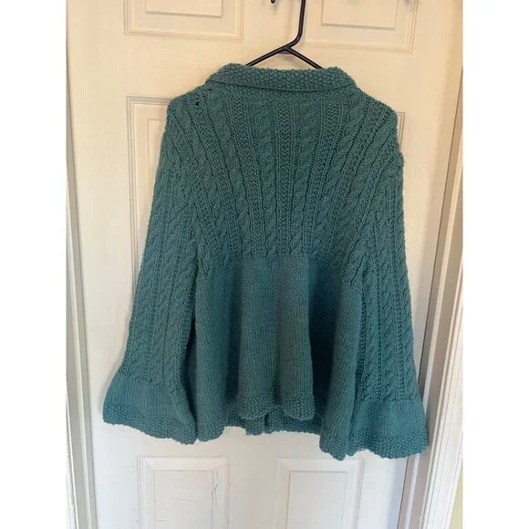 Handmade Blue Cable Knit Bell Sleeve Cardigan Sweater Size Medium - Picture 6 of 10